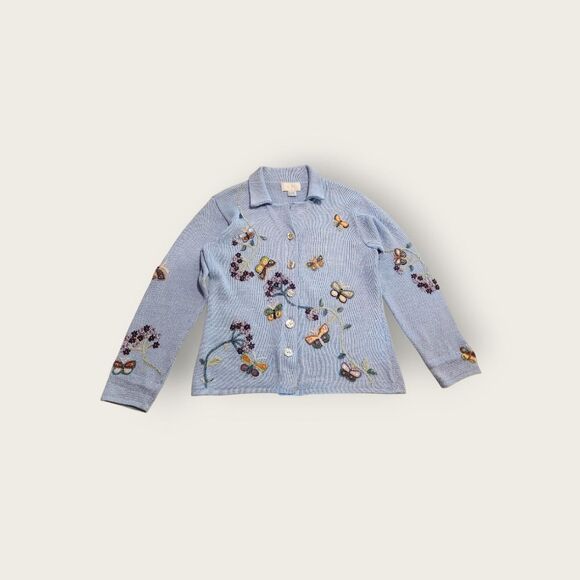 Cache Sweaters - Vintage 90s Cache baby blue button down collared floral butterfly knit cardigan